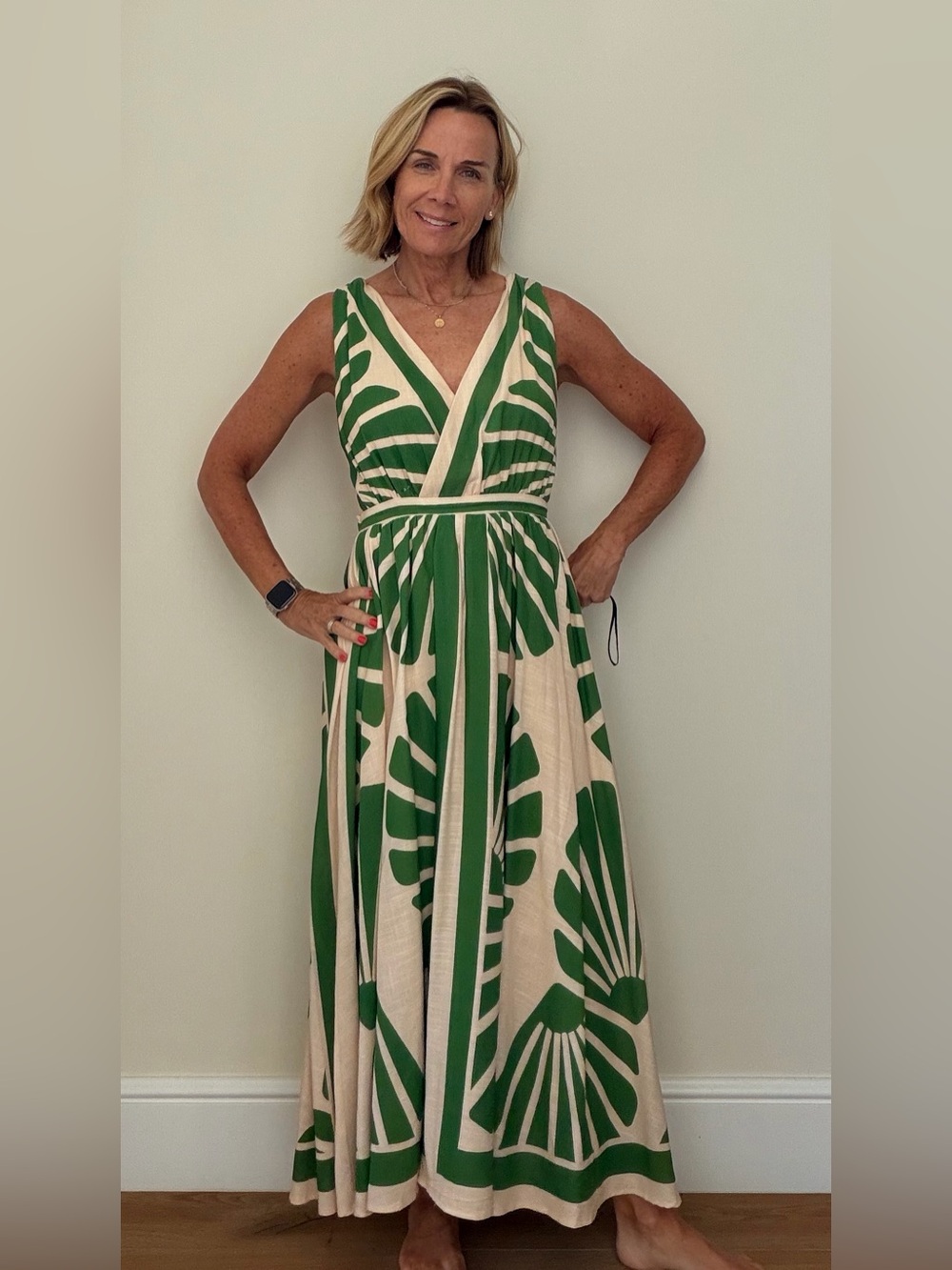 Green Leaf-Print V-Neck Midi Dress